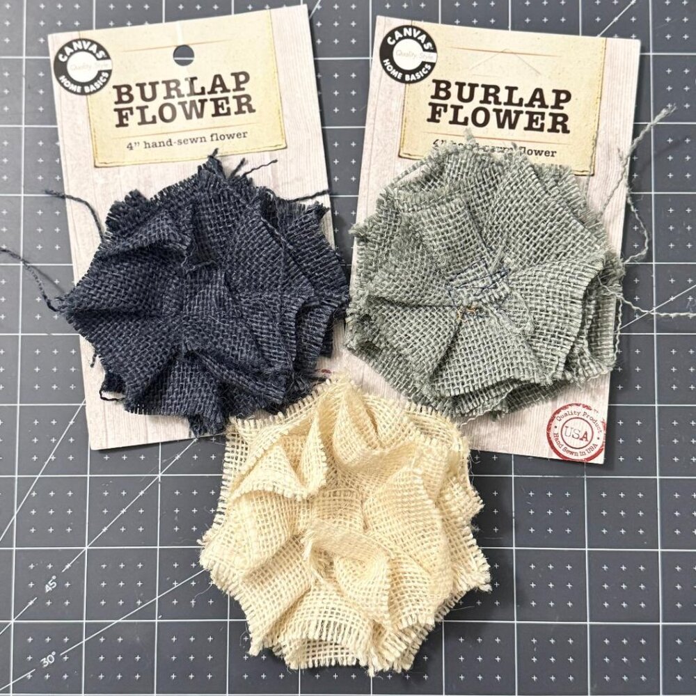 Lot of 3: 4-inch Hand-Sewn Burlap Flowers for Crafting - New